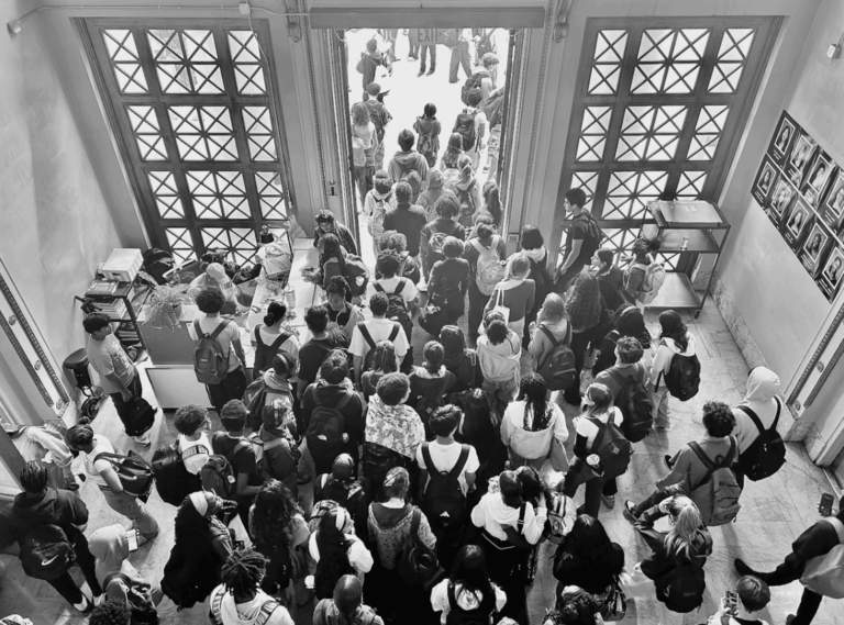 Students in the front hall leaving for lunch