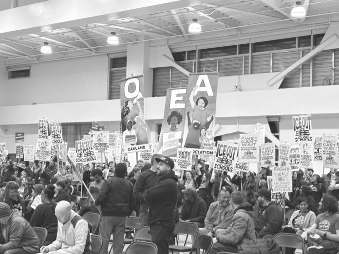 Union supporters gather during a school board meeting on Jan. 28. Photographed by Norah Goldberg