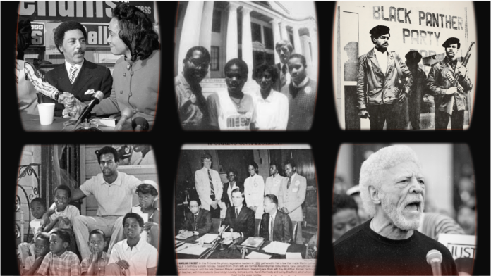 A collection of photos featuring Ron Dellums, Huey P. Newton, and the Apollos Amina/The Scribe