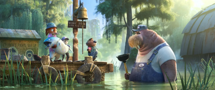 Nick the Fox, Judy the rabbit, Nibbles the beaver, and Russ the walrus in a scene from “Zootopia 2.” Provided by Disney.